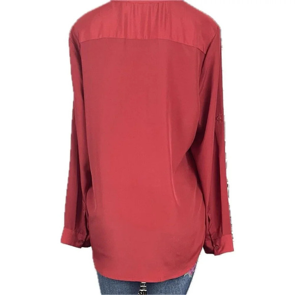 Harve Bernard XL Tomato Red Button Split Neckline Zip Pockets Long Sleeve Blouse - Picture 4 of 6